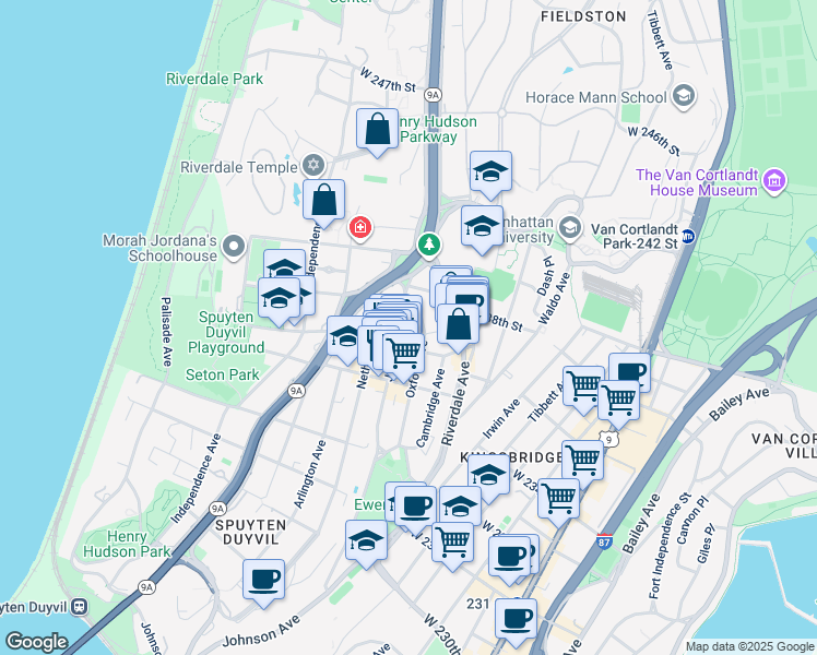 map of restaurants, bars, coffee shops, grocery stores, and more near 3614 Johnson Avenue in Bronx