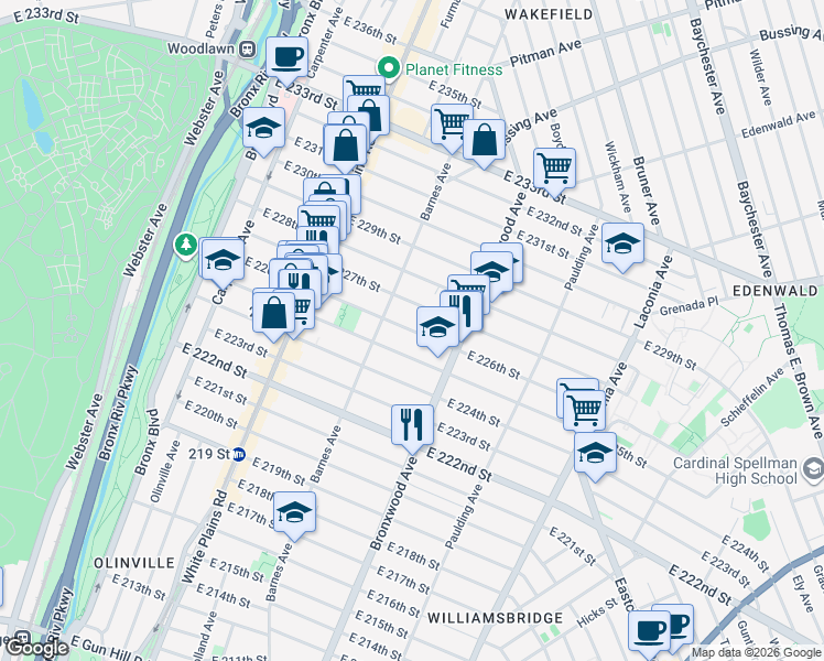 map of restaurants, bars, coffee shops, grocery stores, and more near 848 East 226th Street in The Bronx