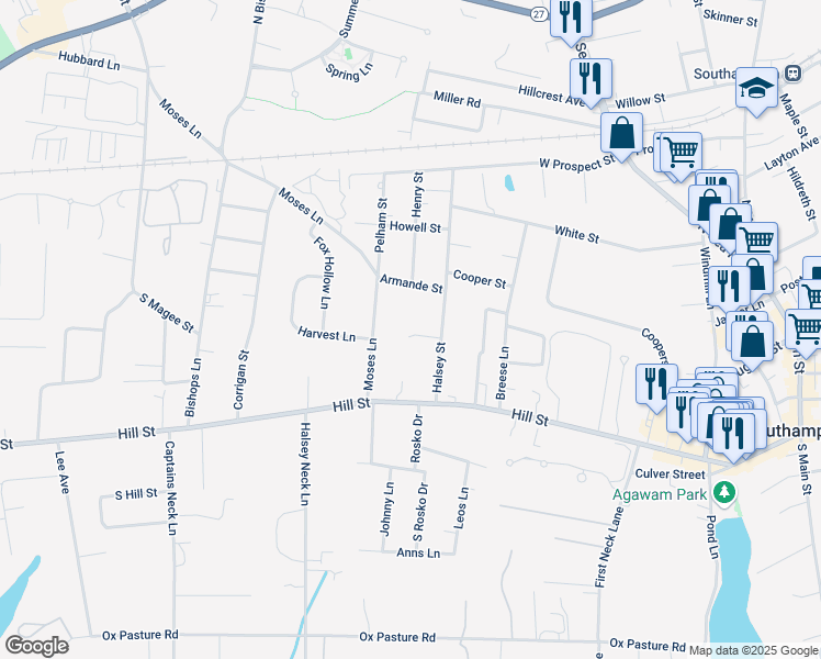 map of restaurants, bars, coffee shops, grocery stores, and more near 69 Halsey Street in Southampton