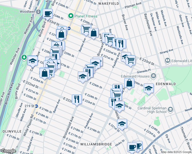 map of restaurants, bars, coffee shops, grocery stores, and more near 923 East 227th Street in Bronx