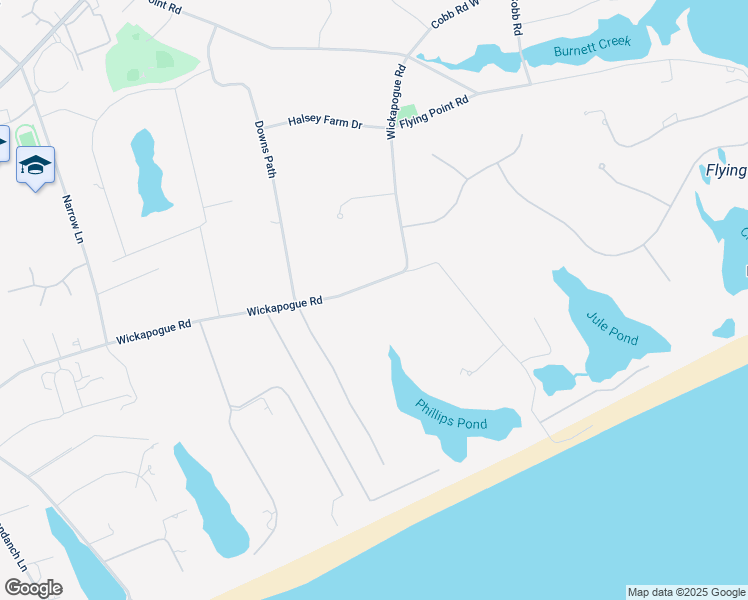 map of restaurants, bars, coffee shops, grocery stores, and more near 490 Wickapogue Road in Southampton