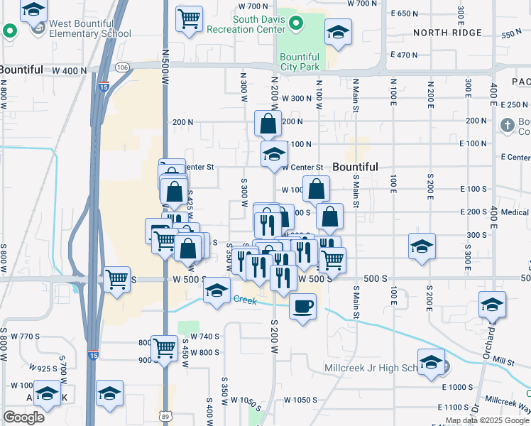 map of restaurants, bars, coffee shops, grocery stores, and more near 198 South 200 West in Bountiful