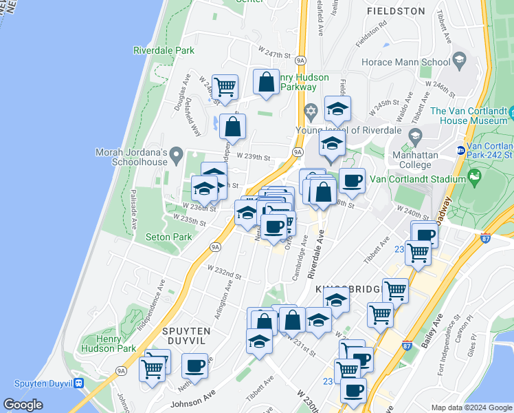map of restaurants, bars, coffee shops, grocery stores, and more near 3616 Henry Hudson Parkway in The Bronx