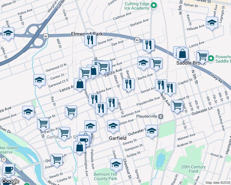 map of restaurants, bars, coffee shops, grocery stores, and more near 60 Wood Street in Garfield