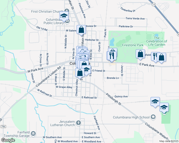 map of restaurants, bars, coffee shops, grocery stores, and more near 109 South Elm Street in Columbiana
