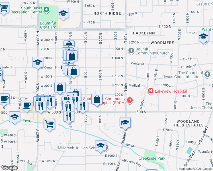 map of restaurants, bars, coffee shops, grocery stores, and more near 200 East 200 South in Bountiful