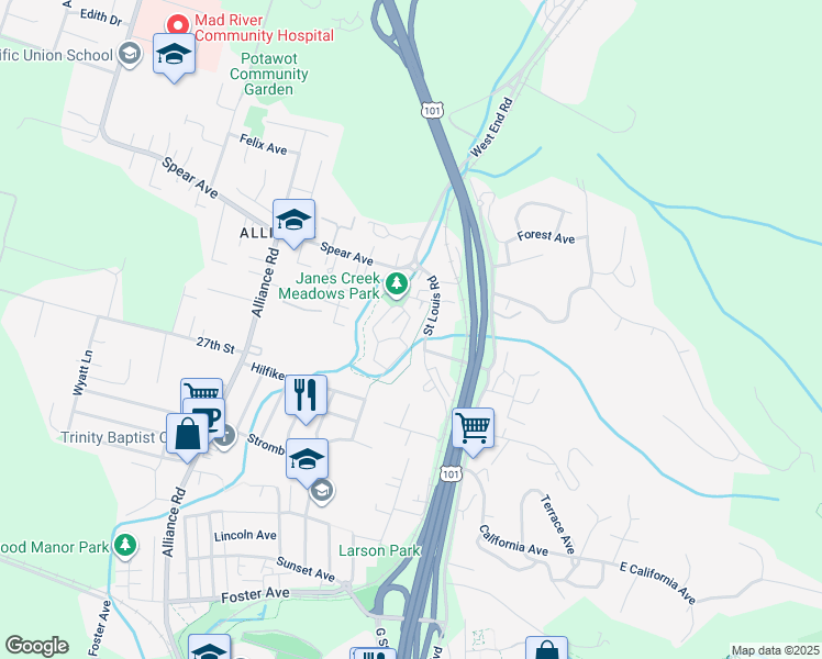 map of restaurants, bars, coffee shops, grocery stores, and more near 2750A Meadow Creek Way in Arcata