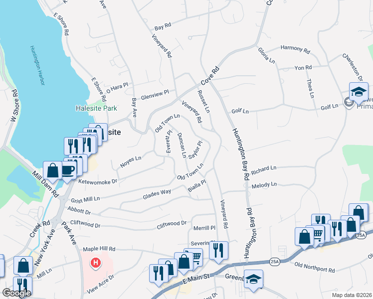 map of restaurants, bars, coffee shops, grocery stores, and more near 19 Duncan Lane in Halesite