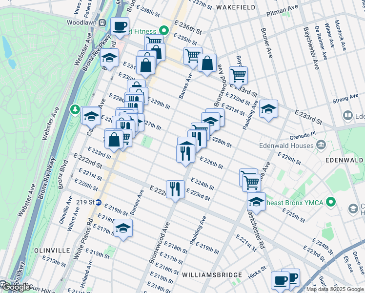 map of restaurants, bars, coffee shops, grocery stores, and more near 848 East 226th Street in The Bronx