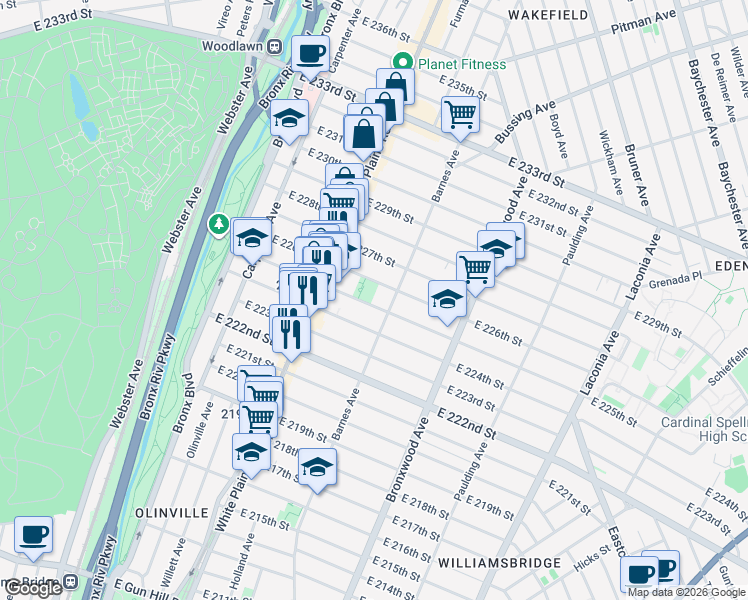 map of restaurants, bars, coffee shops, grocery stores, and more near 758 East 225th Street in The Bronx