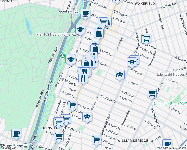 map of restaurants, bars, coffee shops, grocery stores, and more near 721 East 224th Street in Bronx