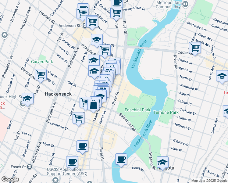 map of restaurants, bars, coffee shops, grocery stores, and more near 18 East Camden Street in Hackensack