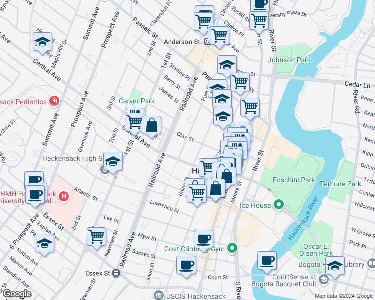 map of restaurants, bars, coffee shops, grocery stores, and more near 260 Park Street in Hackensack