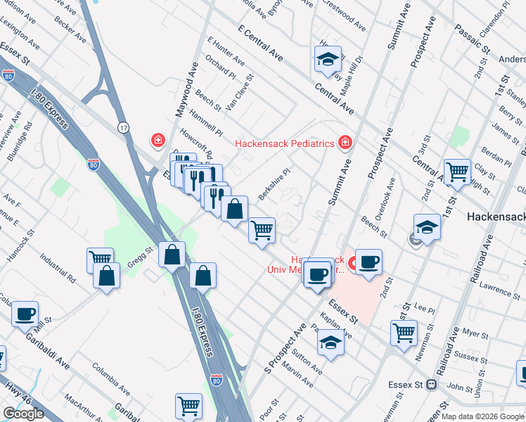 map of restaurants, bars, coffee shops, grocery stores, and more near 12 Berkshire Place in Hackensack