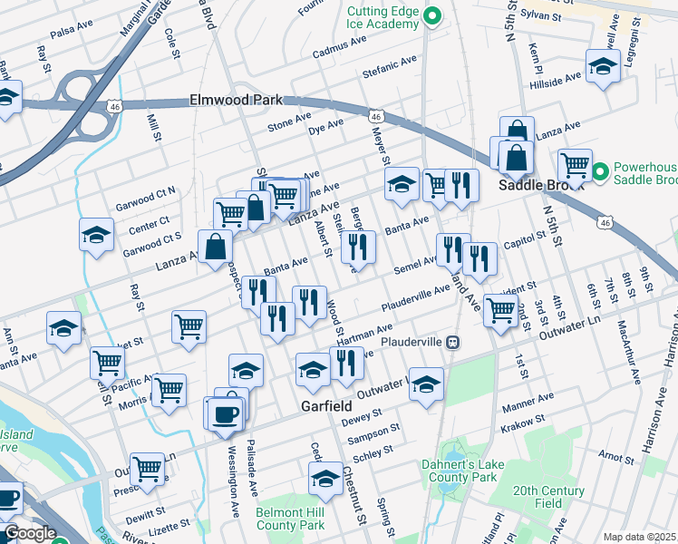 map of restaurants, bars, coffee shops, grocery stores, and more near 321 Semel Avenue in Garfield