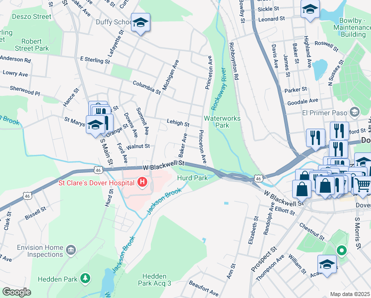 map of restaurants, bars, coffee shops, grocery stores, and more near 12 Baker Avenue in Dover