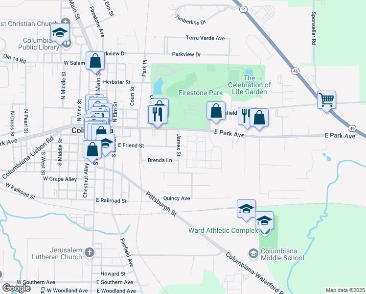 map of restaurants, bars, coffee shops, grocery stores, and more near 319 East Friend Street in Columbiana