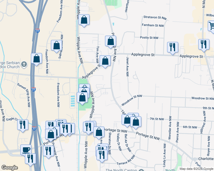 map of restaurants, bars, coffee shops, grocery stores, and more near 3975 Batton Street Northwest in North Canton