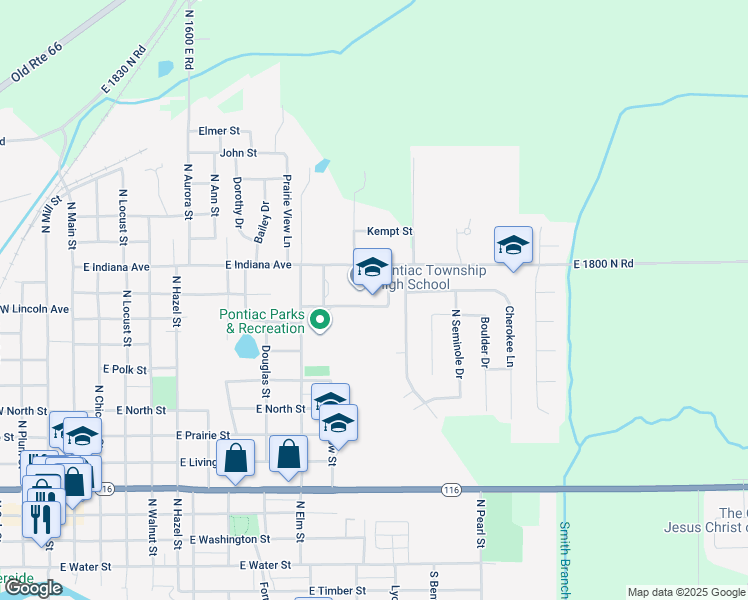 map of restaurants, bars, coffee shops, grocery stores, and more near 1100 East Indiana Avenue in Pontiac