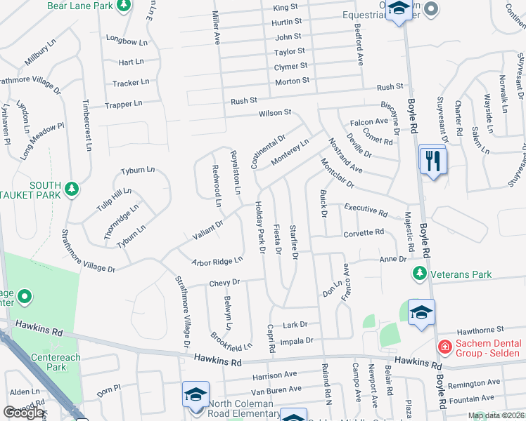 map of restaurants, bars, coffee shops, grocery stores, and more near 34 Fiesta Drive in Centereach