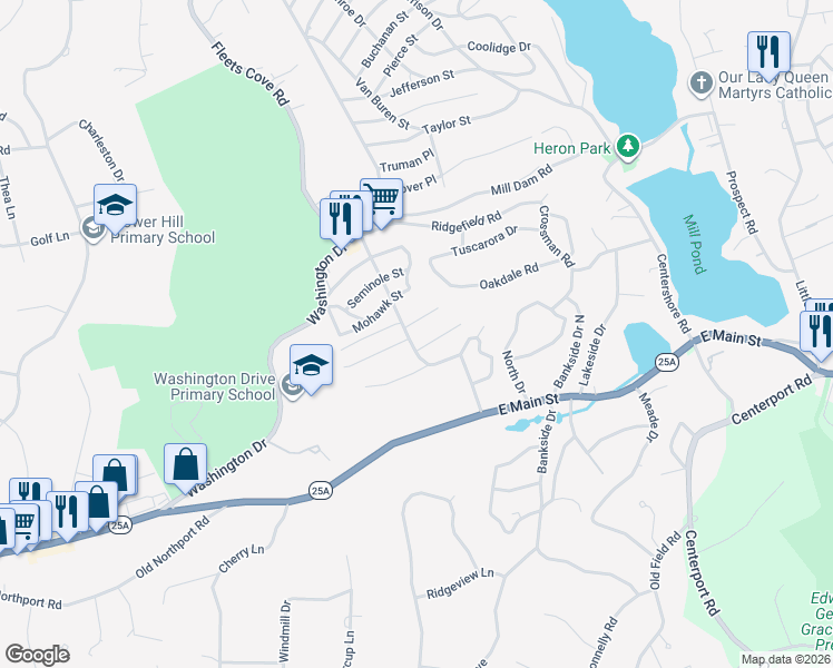 map of restaurants, bars, coffee shops, grocery stores, and more near 20 Lone Oak Drive in Centerport
