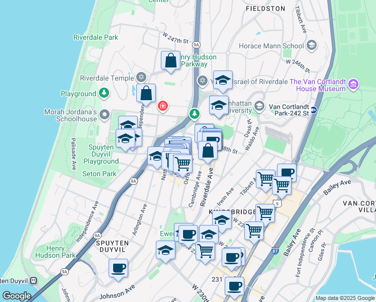 map of restaurants, bars, coffee shops, grocery stores, and more near 3614 Johnson Avenue in Bronx