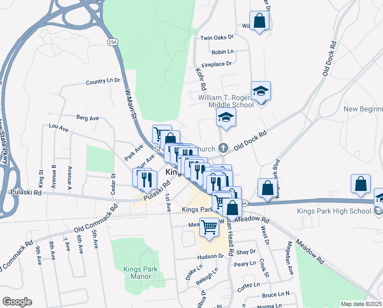 map of restaurants, bars, coffee shops, grocery stores, and more near 19 Old Dock Road in Kings Park