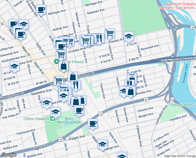 map of restaurants, bars, coffee shops, grocery stores, and more near 257 East 6th Street in Clifton