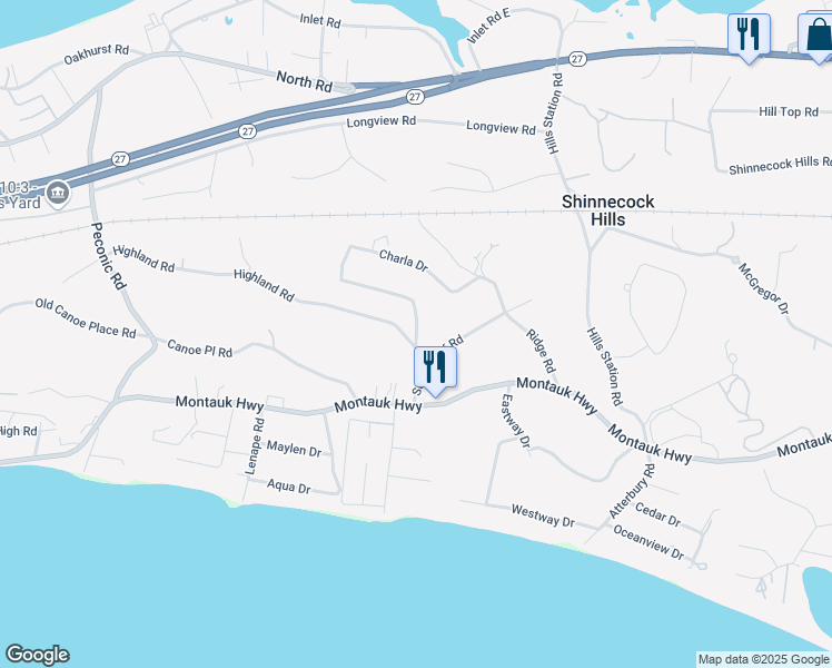 map of restaurants, bars, coffee shops, grocery stores, and more near 5 Highland Road in Southampton