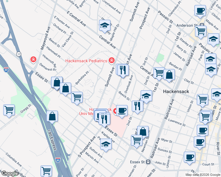 map of restaurants, bars, coffee shops, grocery stores, and more near 92 Summit Avenue in Hackensack