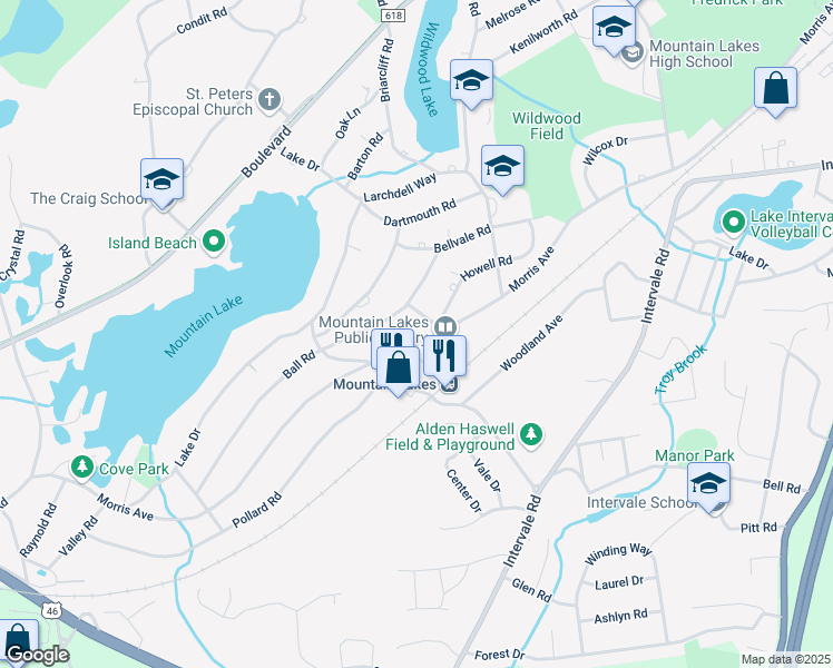 map of restaurants, bars, coffee shops, grocery stores, and more near 236 Morris Avenue in Mountain Lakes