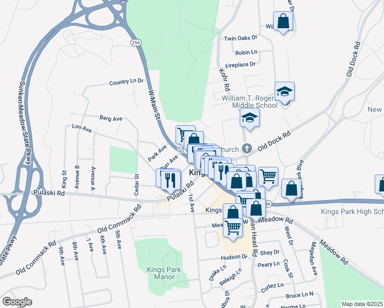 map of restaurants, bars, coffee shops, grocery stores, and more near 141145 Main Street in Kings Park