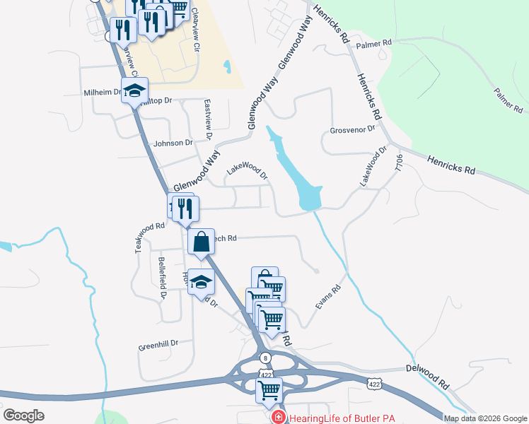map of restaurants, bars, coffee shops, grocery stores, and more near 112 North Maple Drive in Butler