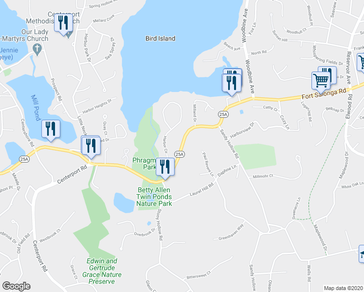 map of restaurants, bars, coffee shops, grocery stores, and more near 99 Huntington-Northport Road in Northport