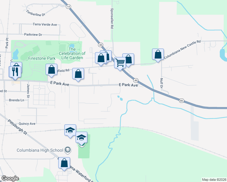 map of restaurants, bars, coffee shops, grocery stores, and more near 909 East Park Avenue in Columbiana
