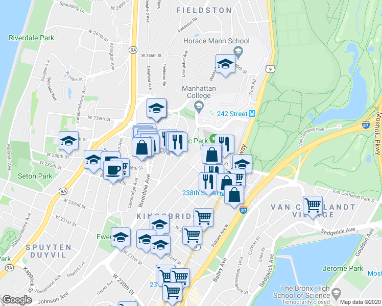 map of restaurants, bars, coffee shops, grocery stores, and more near 3800 Waldo Avenue in Bronx