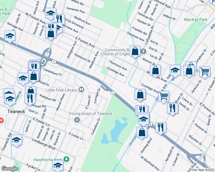 map of restaurants, bars, coffee shops, grocery stores, and more near 1023 Farragut Drive in Teaneck