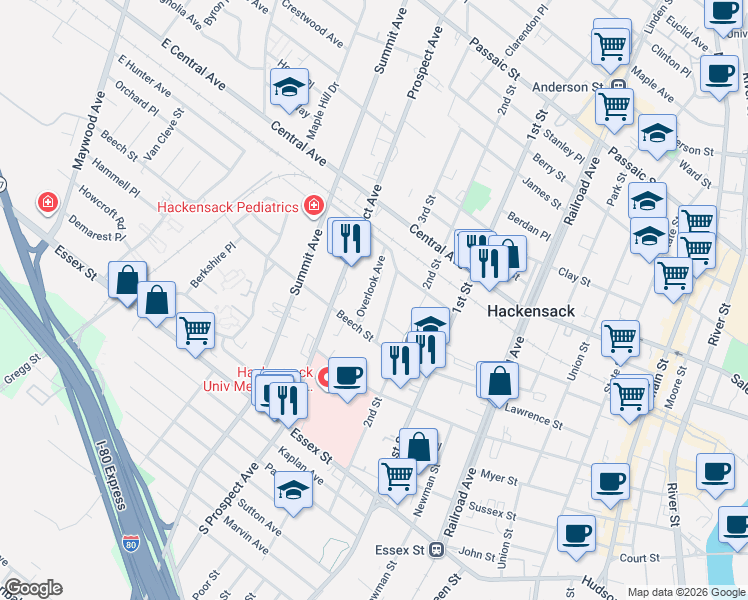 map of restaurants, bars, coffee shops, grocery stores, and more near 310 Beech Street in Hackensack