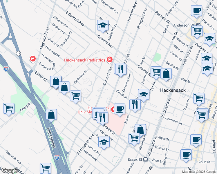map of restaurants, bars, coffee shops, grocery stores, and more near 92 Summit Avenue in Hackensack
