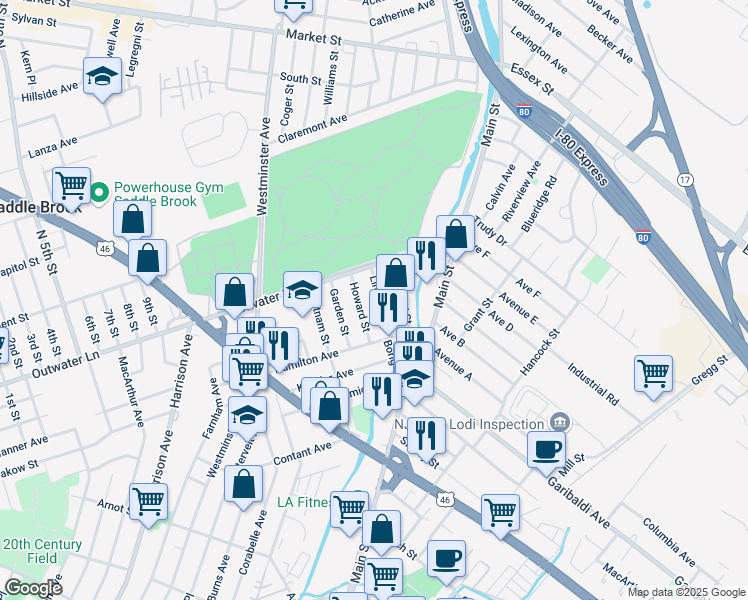 map of restaurants, bars, coffee shops, grocery stores, and more near 26 Linden Street in Lodi