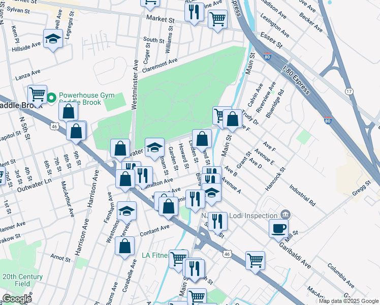 map of restaurants, bars, coffee shops, grocery stores, and more near 26 Linden Street in Lodi