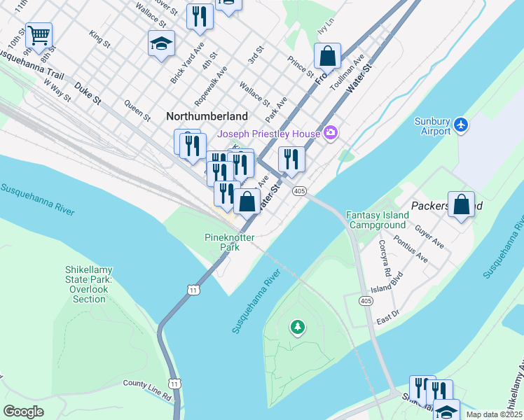 map of restaurants, bars, coffee shops, grocery stores, and more near 128 Water Street in Northumberland