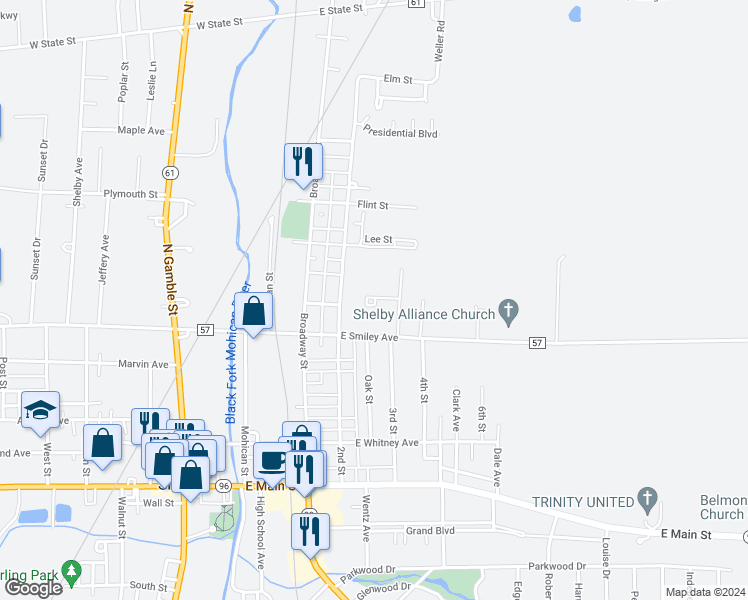 map of restaurants, bars, coffee shops, grocery stores, and more near 82 North 3rd Street in Shelby