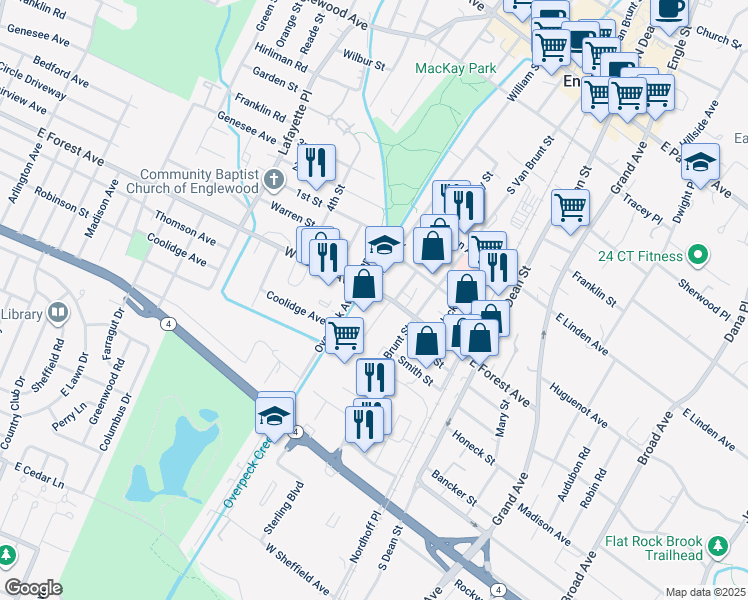 map of restaurants, bars, coffee shops, grocery stores, and more near 318 Humphrey St in Englewood
