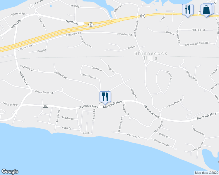 map of restaurants, bars, coffee shops, grocery stores, and more near 39 Sugar Loaf Road in Southampton