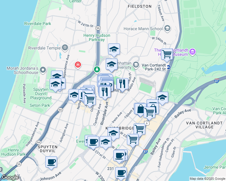 map of restaurants, bars, coffee shops, grocery stores, and more near 3539 Riverdale Avenue in The Bronx