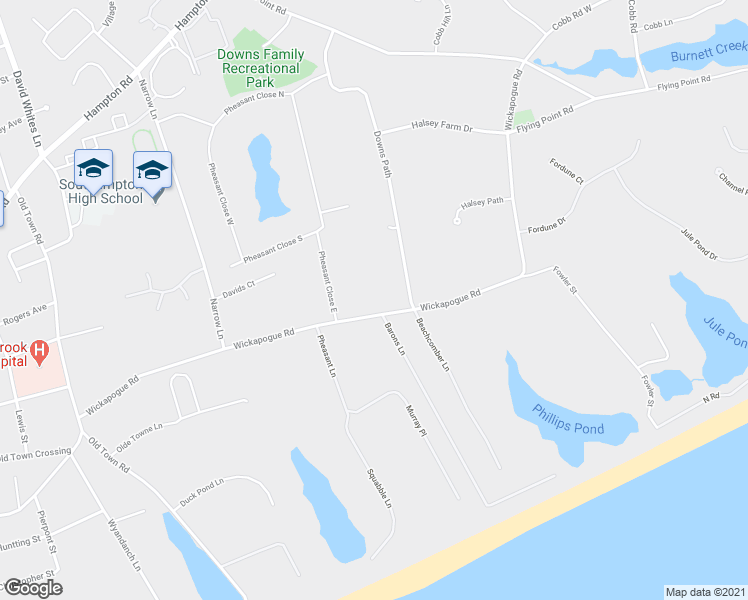 map of restaurants, bars, coffee shops, grocery stores, and more near 375 Wickapogue Road in Southampton