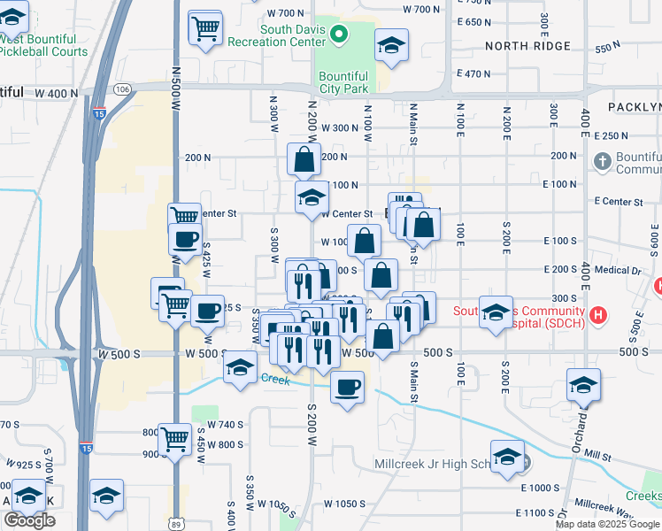 map of restaurants, bars, coffee shops, grocery stores, and more near 195 West 200 South in Bountiful