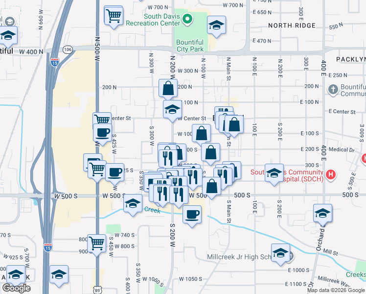 map of restaurants, bars, coffee shops, grocery stores, and more near 195 West 200 South in Bountiful