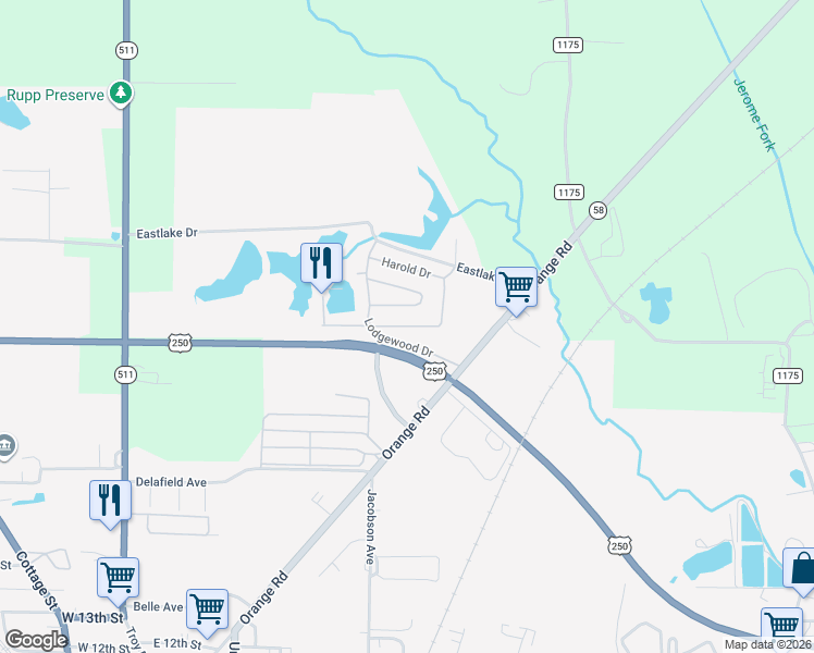 map of restaurants, bars, coffee shops, grocery stores, and more near 60 Lodgewood Drive in Ashland